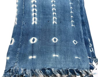 Faded blue and white fabric, Boho Tie dye denim,  Vintage fabric with fringe,