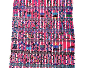 Vintage Guatemalan Fabric, hand embroidered on faded red stripes, Guatemalan decorative textile, ethnic hand made wall art, hand embroidery