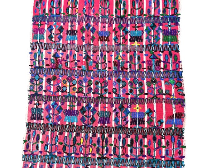 Vintage Guatemalan Fabric, hand embroidered on faded red stripes, Guatemalan decorative textile, ethnic hand made wall art, hand embroidery