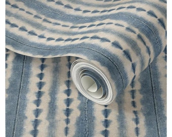 Vintage blue jeans wallpaper- faded denim stripes- Peel and stick blue wall decor- mud cloth wallpaper