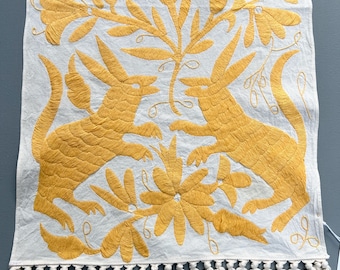 Mexican Otomi Embroidered Table Runner With Fringe, Yellow Birds Flowers Animals, Tenango Fabric