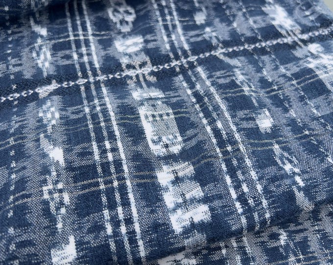 Guatemalan vintage fabric. Indigo stripe Ikat material with silver lurex. Cotton Corte cloth in Blue and white.