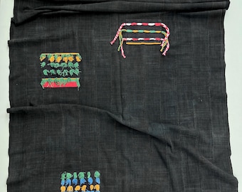 Vintage African Mud Cloth Throw Blanket: Black Cotton with colorful silk Fringe