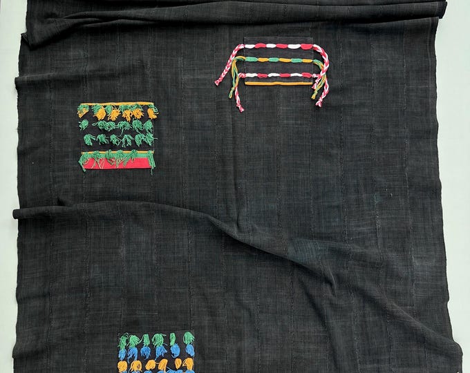 Vintage African Mud Cloth Throw Blanket: Black Cotton, Silk Fringe