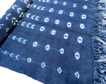 Shibori tie dyed fabric in blue and white with fringe, Vintage Boho textile
