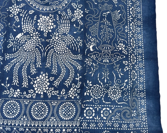 Vintage Chinese Batik Fabric, 3-panel Nanking Indigo textile, Blue and White hemp fabric, Chinoiserie Bed cover, Morrissey Fabric