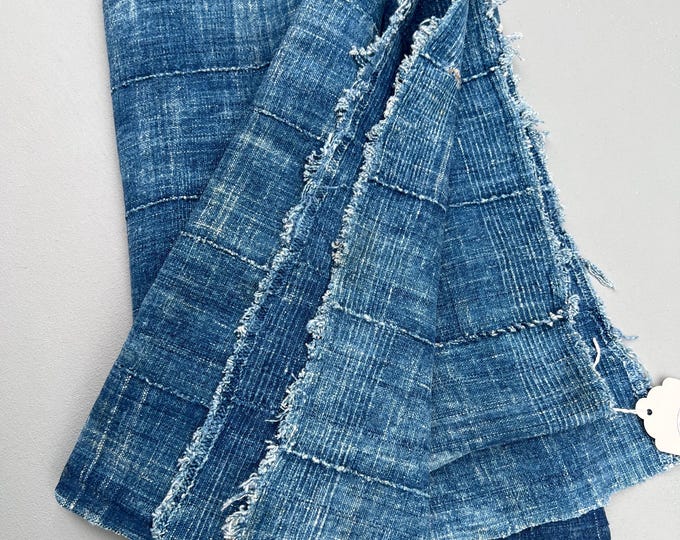 African mud cloth denim blue, Blue jeans throw blanket, Distressed jeans fabric, recycled denim mud cloth, Vintage indigo Mossi, up cycled