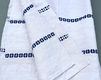 Vintage European Linen Tablecloth: Embroidered Blue Design, Cottage Coastal Decor