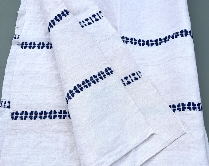 Vintage European Linen Tablecloth: Embroidered Blue Design, Cottage Coastal Decor