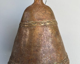 Vintage Large Brass Bell, Rustic African Hand Made Bell, Holiday Bells, Antique bronze Bell, Morrissey Fabric
