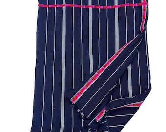 Guatemalan Fabric- Navy Blue and white stripes- Hot pink embroidery- Blue upholstery fabric, Dark blue striped denim
