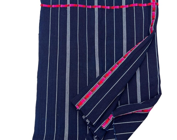 Guatemalan Fabric- Navy Blue and white stripes- Hot pink embroidery- Blue upholstery fabric, Dark blue striped denim