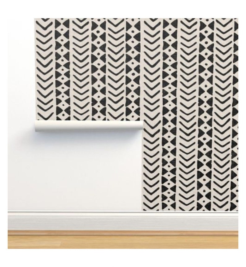 Block print traditional un-pasted pebble wallpaper, mud cloth wall art black and white ethnic style image 5