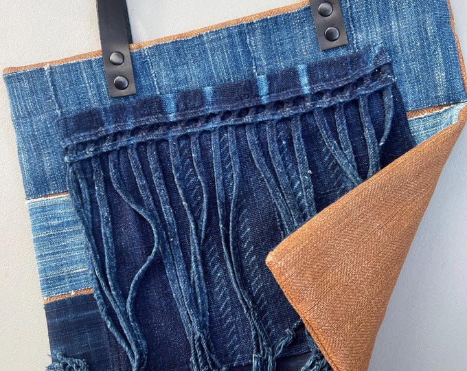leather handle linen tote- Patchwork shopping bag- linen bohemian tote- denim patchwork tote