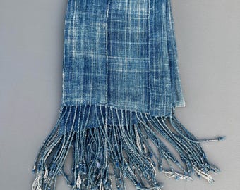 Vintage blue mud cloth Scarf with fringe for boho or a wabi sabi style gift