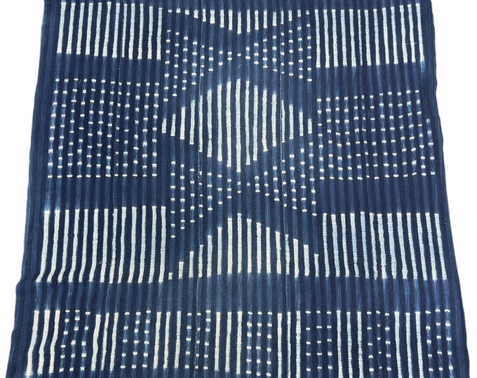 Jean throw- Abstract African Design- Textile Throw- Vintage Bohemian- mud cloth- blue and white- housewarming gift decor