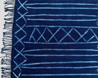 Vintage African Mud Cloth, Navy Blue Mudcloth Throw with Shibori Tie Dyed patterns, All blue, Morrissey Fabric