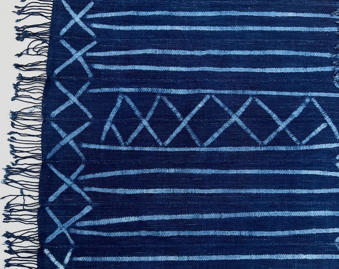 Vintage African Mud Cloth, Navy Blue Mudcloth Throw with Shibori Tie Dyed patterns, All blue, Morrissey Fabric