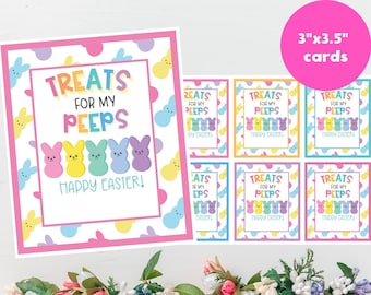 May include: Printable Easter gift tags featuring colorful marshmallow peeps with the text "Treats for my peeps Happy Easter!"  The tags are 3 inches by 3.5 inches.