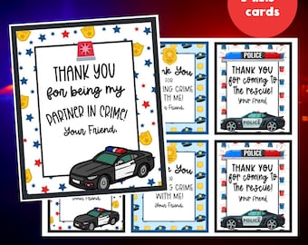 Puede incluir: Etiquetas de regalo imprimibles con un diseño de coche de policía. Las etiquetas dicen "¡Gracias por ser mi cómplice!" y "¡Gracias por venir al rescate!" Las etiquetas miden 7,6 cm por 8,9 cm.