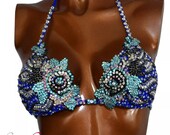 Blue flowers Bikini competition suit Wellness Ifbb posing Npc Diva bikini Fitness Wfbb wbff Angel bikini Posing suit by LauraG