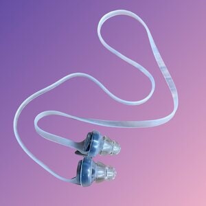 May include: A pair of clear silicone earplugs with a blue and white design. The earplugs are connected by a white silicone cord.