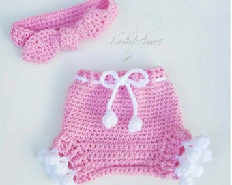 Crochet diaper cover, pom pom diaper cover, baby soaker pants, baby pants, pink, knotted headband, baby girl set, baby headband, photo prop