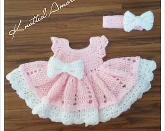 Crochet baby dress set, crochet headband, crochet dress, baby dress, photo prop, baby booties, baby gift, baby outfit, coming home oufit