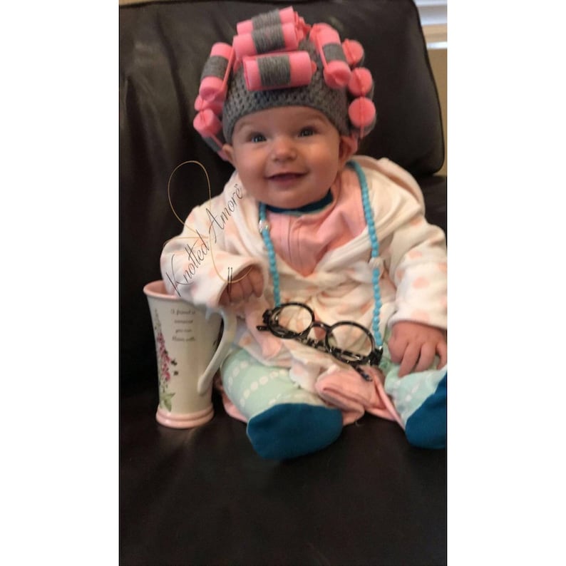 Crochet Baby Curler Hat, Old Lady Hat ,Beauticians Baby Photo Prop,Newborn Sponge Curler Hat,Infant Halloween Costume,Baby Shower Gift image 7