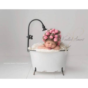 Crochet Baby Curler Hat, Old Lady Hat ,Beauticians Baby Photo Prop,Newborn Sponge Curler Hat,Infant Halloween Costume,Baby Shower Gift image 10