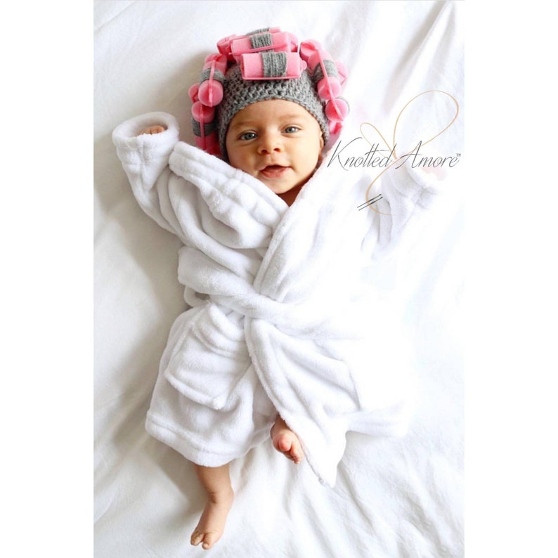 Crochet Baby Curler Hat, Old Lady Hat ,Beauticians Baby Photo Prop,Newborn Sponge Curler Hat,Infant Halloween Costume,Baby Shower Gift image 4