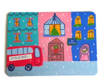 Carte Joyeux Noël, Carte de Noël, Carte de Vœux, Fête, Joyeux Noël, bus de noel, sapin, ville de noël, Célébration,