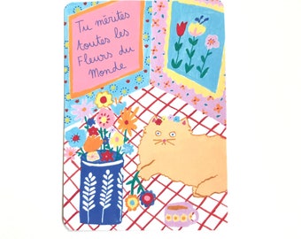 Cat card - Cat lover Flower Card - Positive Quote Postcard - Tu mérites toutes les fleurs du monde - Recycled Kraft - colorful card
