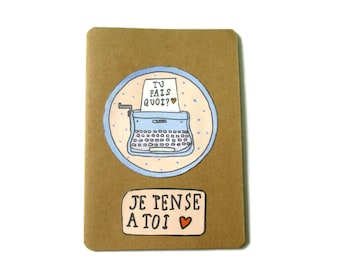 Carte machine à écrire , Je pense à toi, petit coeur rouge, carte recyclée