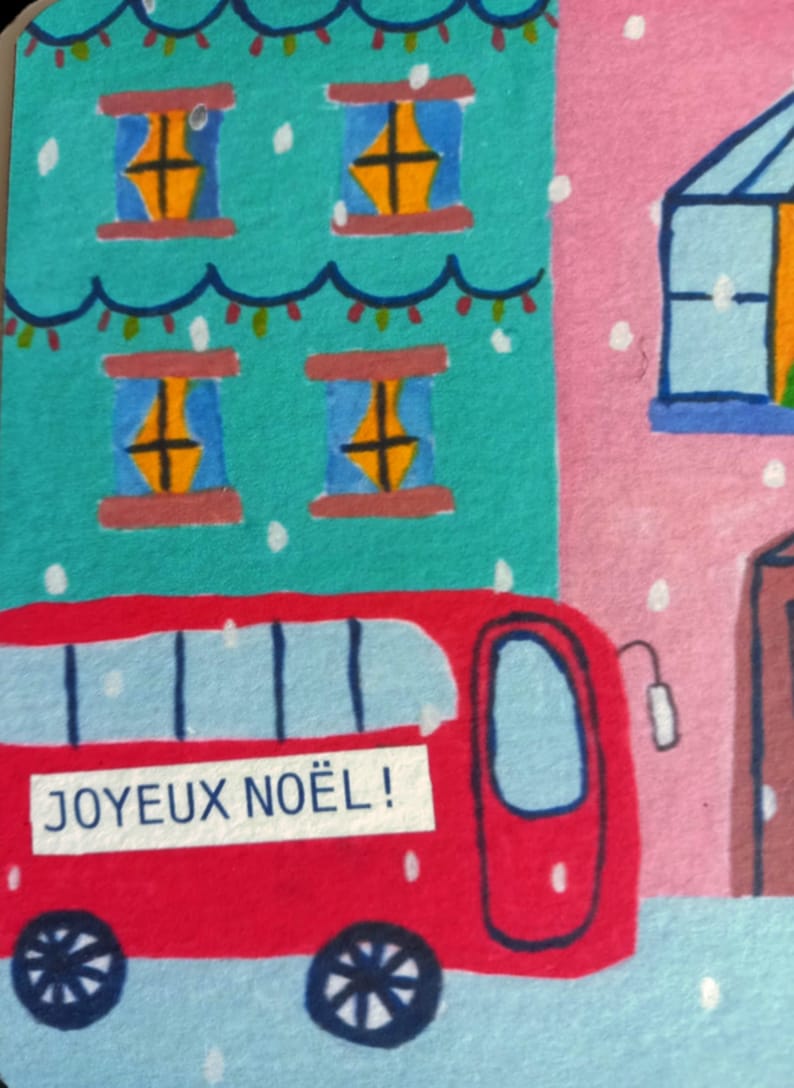 Carte Joyeux Noël, Carte de Noël, Carte de Vœux, Fête, Joyeux Noël, bus de noel, sapin, ville de noël, Célébration, image 3