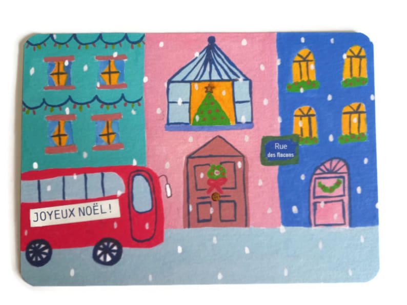 Carte Joyeux Noël, Carte de Noël, Carte de Vœux, Fête, Joyeux Noël, bus de noel, sapin, ville de noël, Célébration, image 2