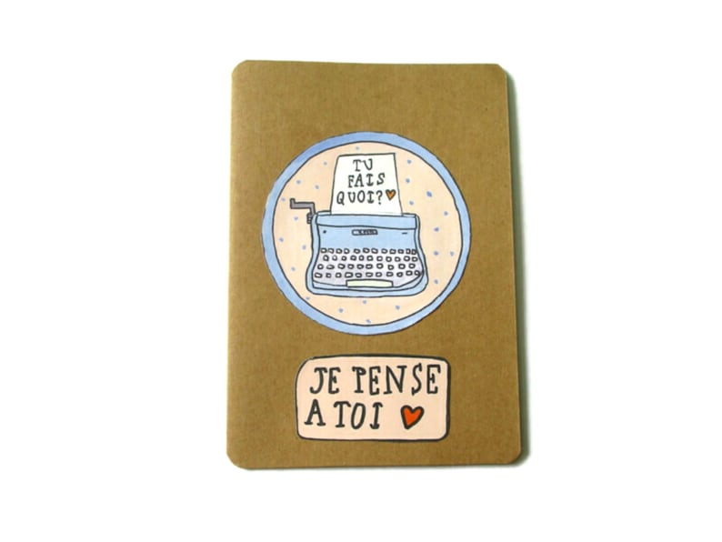 Carte machine à écrire , Je pense à toi, petit coeur rouge, carte recyclée image 1