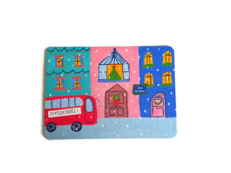 Carte Joyeux Noël, Carte de Noël, Carte de Vœux, Fête, Joyeux Noël, bus de noel, sapin, ville de noël, Célébration, image 1