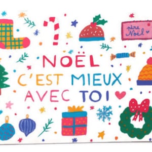 Noël c'est mieux avec toi Karte, französische Weihnachtskarte, Bunte Weihnachtskarte, Feiertags-Postkarte, Grußkarte, handgemachte Weihnachtskarte