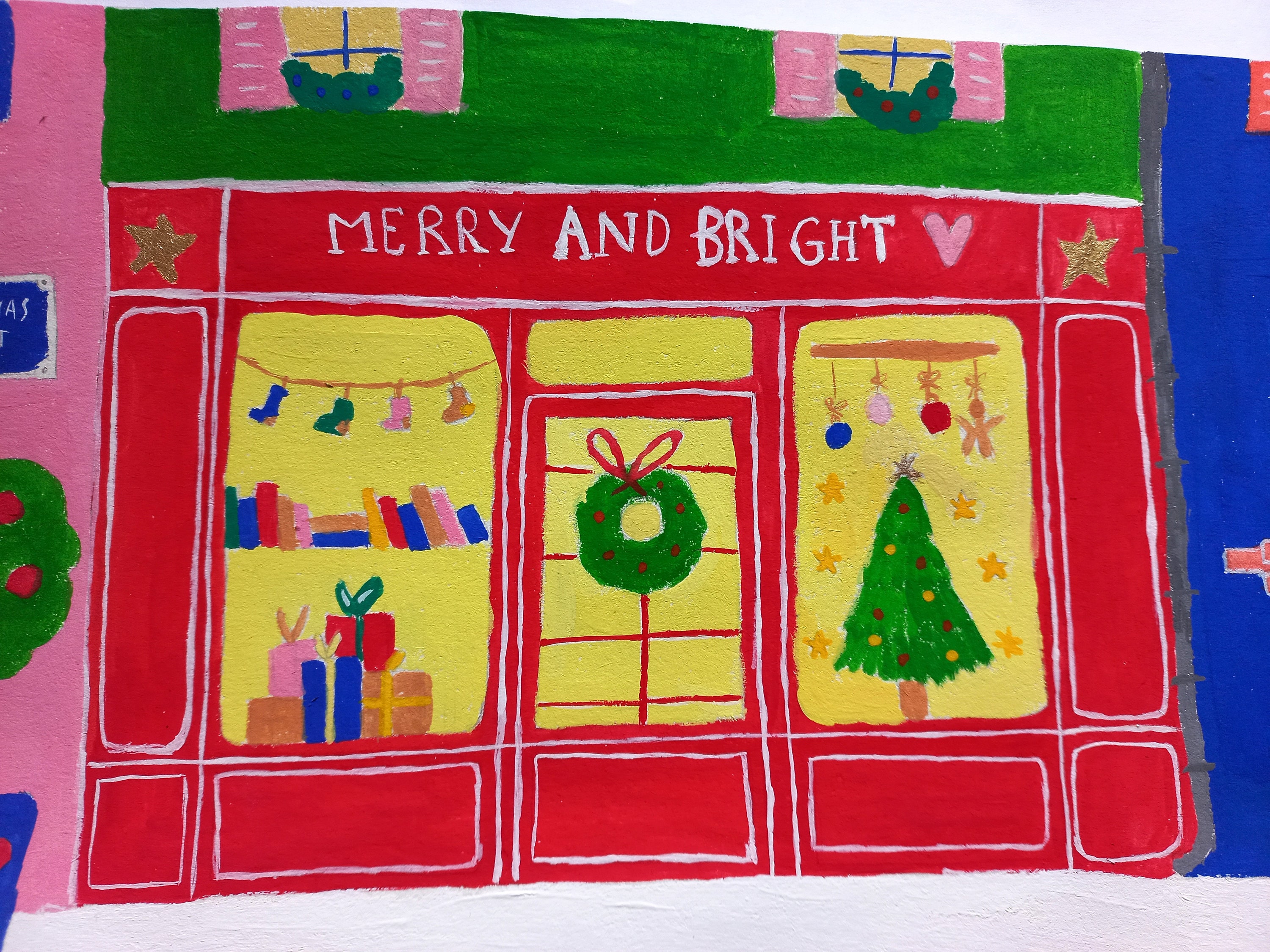 Illustration Originale de Noël , Boutique Nöel, Merry & Bright, Coloré, Dessin Original, Decoration 