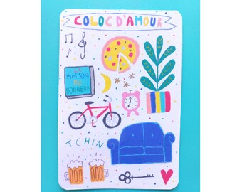 Carte colocataire - carte ami  - carte colorée - carte meilleur coloc - carte coloc d'amour - meilleure amie - fin de coloc carte a message