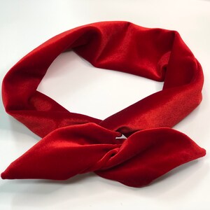 May include: A red velvet headband tied in a knot. The headband is made of soft, plush velvet and is perfect for adding a touch of elegance to any outfit.