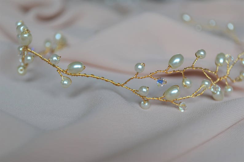 pearl and crystal hairpiece available in varying lengths Bridal hair vine in either gold or silver