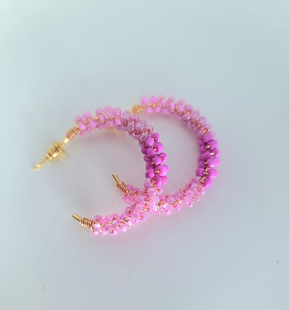 Handmade Pink Seed Bead Hoop Earrings: Hypoallergenic Jewelry