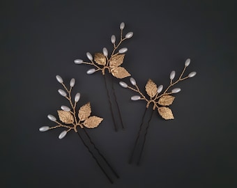 Gold leaf hair pins, silver leaf hair pins, bridal hair accessories, bridesmaid hair accessories, pearl hair pins, leaf hair vine