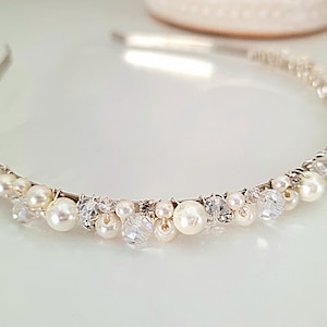 Cerchietto Rochelle argento con cristalli e perle
