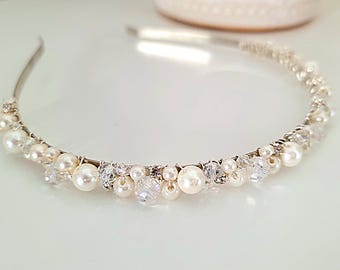 Crystal Pearl Bridal Headband, Handmade Wedding Hair Accessory, sparkly hairband, hen do