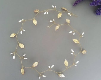 Bridal hair vine, leaf and pearl wedding hair piece, bridal hair accessories, wedding headband, gold leaf headband, bridesmaid, bride, prom