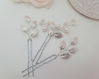 Wedding hair pins, silver leaf hair pins, bridal hair accessories, bridesmaid hair accessories, pearl hair pins, wedding hair accessories