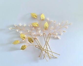 Leaf Bridal Hair Pins: Gold Wedding Hair Accessories, Set of 4